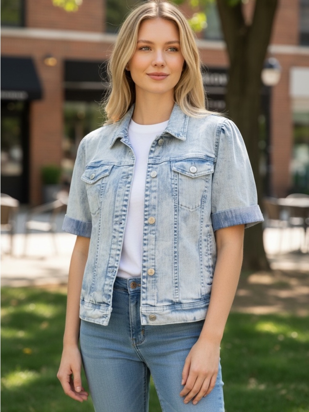 Candace Cameron Bure Faded Blue Denim Top